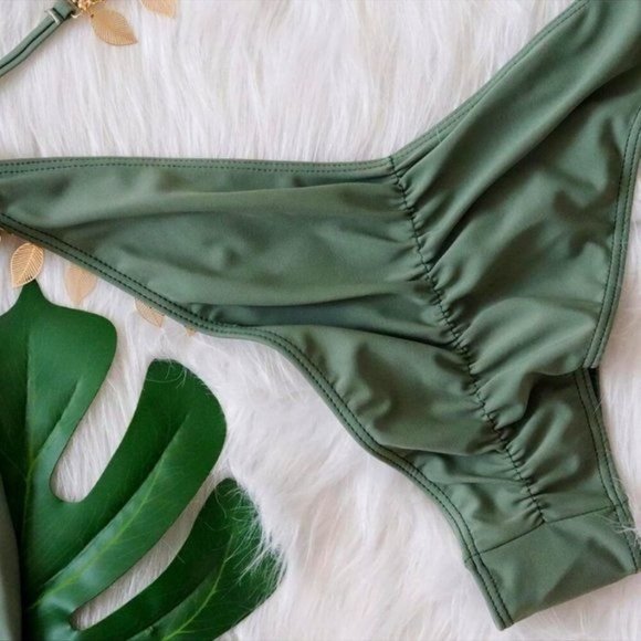 Callie Sage: Dangling Leaves & Rhinestone Scrunch Butt Green Triangle Bikini L - Picture 5 of 8